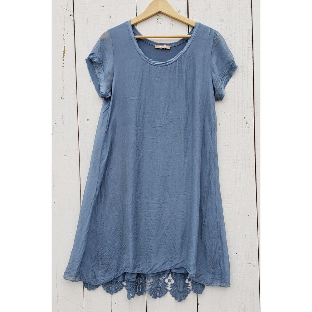 Giulia Womens Blue 100% Silk Lace Short Sleeve Dress Sz S Italy Made